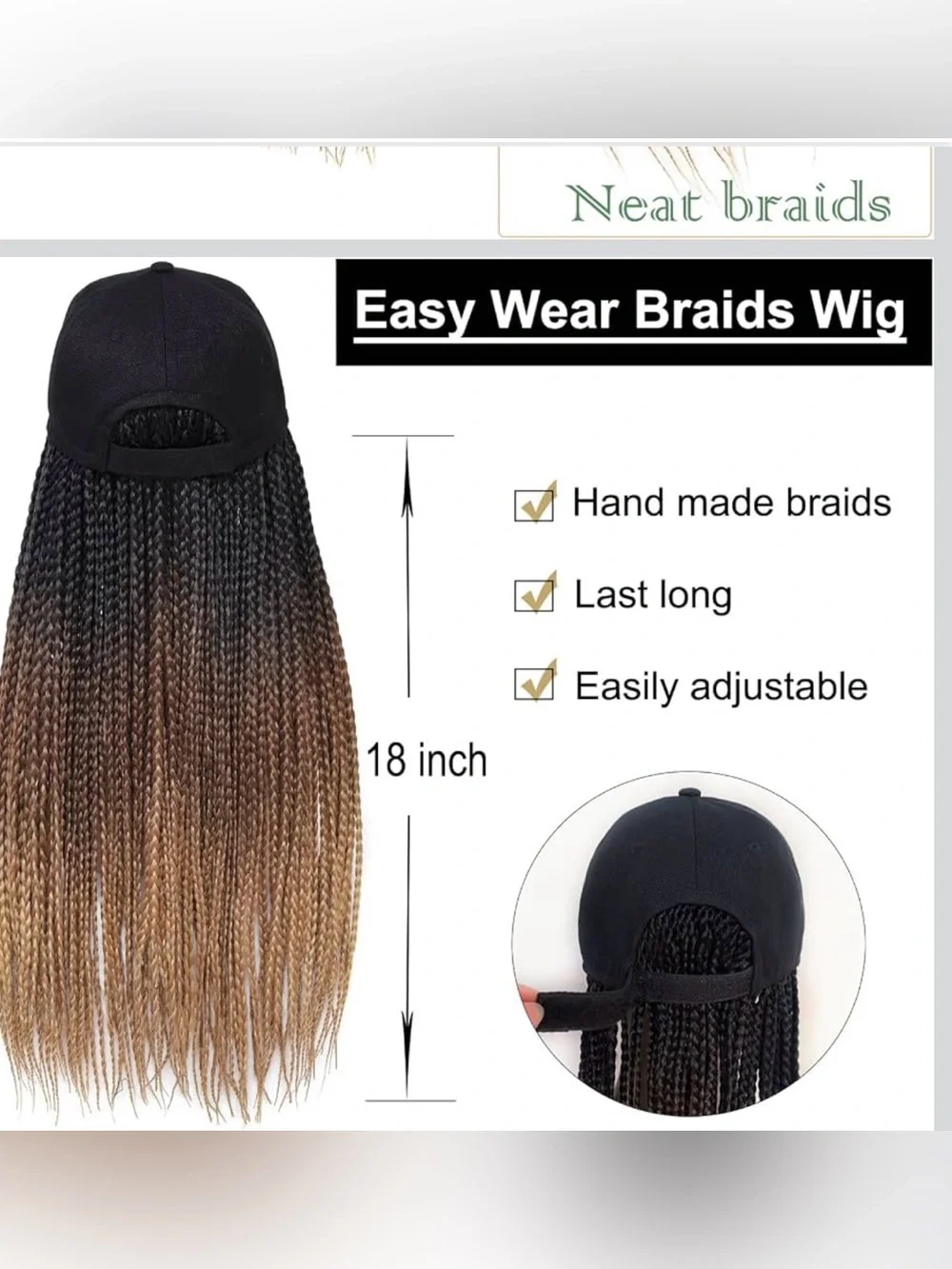 Synthetic knotless box braid wig hat adjustable cap with 18in long